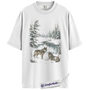Alternative view of Wolf Shirt, Vintage Winter Forest Wolves Graphic Tee, Wildlife Nature Lover T-Shirt, Outdoor Gift for Wolf Fans, Comfort Colors Shirt
