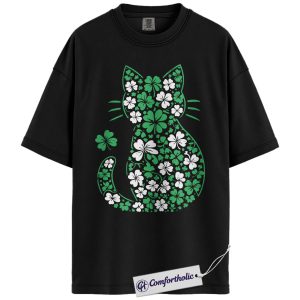 St Patrick’s Day Cat Shirt, Shamrock Floral Silhouette Graphic Tee, Irish Cat Lover T-Shirt, St Paddy’s Day Gift for Cat Moms, Comfort Colors Shirt
