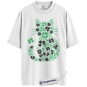 Alternative view of St Patrick’s Day Cat Shirt, Shamrock Floral Silhouette Graphic Tee, Irish Cat Lover T-Shirt, St Paddy’s Day Gift for Cat Moms, Comfort Colors Shirt
