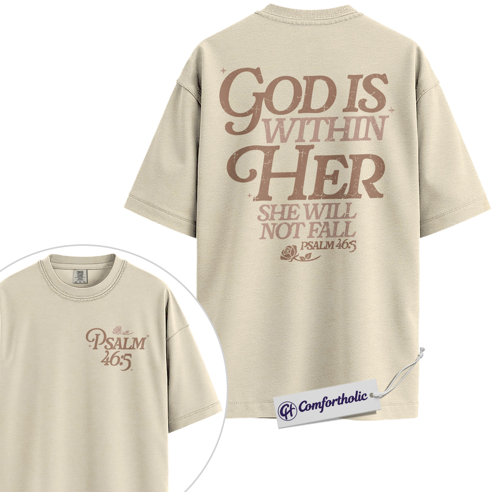 Christian Women Shirt, God Is Within Her She Will Not Fall Psalm 46:5 Bible Verse Graphic Tee, Faith T-Shirt for Women, Inspirational Church Gift for Her, Comfort Colors Shirt 2-Sided