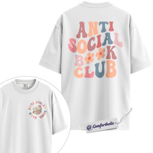 Alternative view of Anti Social Book Club Shirt, Retro Groovy Book Stack Graphic Tee, Introvert Reader T-Shirt, Gift for Book Lovers, Comfort Colors Shirt 2-Sided