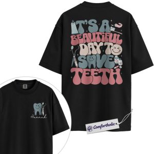 Custom Dental Hygienist Shirt, Retro Groovy Tooth Tools Graphic Tee, Personalized Dentist Office Staff T-Shirt, Dental Week Gift for Hygienists & Assistants, Comfort Colors Shirt 2-Sided