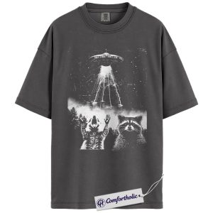 Alternative view of Alien Raccoon Shirt, Vintage UFO Abduction Graphic Tee, Funny Trash Panda T-Shirt, Gift for Raccoon Lovers, Comfort Colors Shirt
