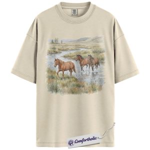 Wild Horse Lover Shirt, Watercolor Horse Landscape Graphic Tee, Equestrian Cowgirl T-Shirt, Western Gift for Horse Lovers, Comfort Colors Shirt