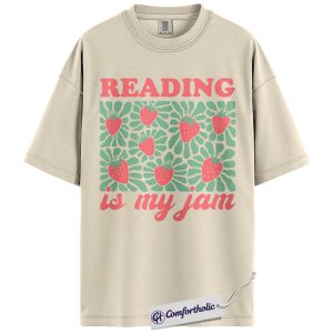 Reading Is My Jam Shirt, Strawberry Pattern Bookish Graphic Tee, Cute Reader Book Lover T-Shirt, Gift for Librarian & Book Club Friends, Comfort Colors Shirt