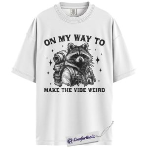 Alternative view of Funny Raccoon Shirt, Vintage Backpack Raccoon Graphic Tee, Weird Vibes Humor T-Shirt, Gift for Raccoon Lovers & Outdoorsy Friends, Comfort Colors Shirt