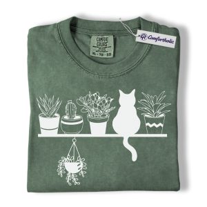 Cat and Plant Lover Shirt, Cute Cat and Houseplants Shelf Graphic Tee, Plant Lady T-Shirt for Cat Moms, Gardening Gift for Women, Comfort Colors Shirt
