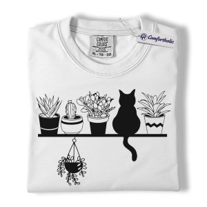 Alternative view of Cat and Plant Lover Shirt, Cute Cat and Houseplants Shelf Graphic Tee, Plant Lady T-Shirt for Cat Moms, Gardening Gift for Women, Comfort Colors Shirt