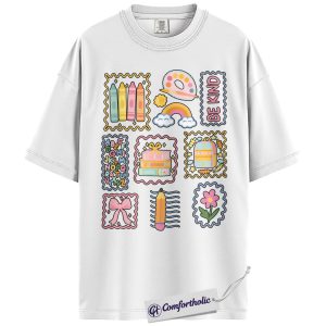 Alternative view of Be Kind Teacher Shirt, Colorful School Supplies Stamp Graphic Tee, Elementary Teacher T-Shirt for Women, Back to School Gift, Comfort Colors Shirt