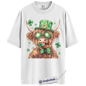 Alternative view of St Patrick’s Day Highland Cow Shirt, Shamrock Leprechaun Cow Graphic Tee, Irish Festival T-Shirt for Cow Lovers, Funny St Paddy’s Day Gift, Comfort Colors Shirt