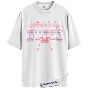 Alternative view of Mother Baby Nurse Shirt, Postpartum Nurse Bow Graphic Tee, Labor and Delivery Nurse T-Shirt for Women, Nurse Appreciation Gift, Comfort Colors Shirt