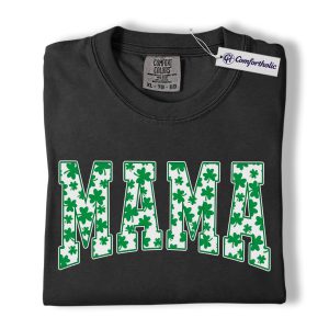 Shamrock Mama Shirt, MAMA St Patrick’s Day Varsity Graphic Tee, Irish Mom T-Shirt, St Patrick’s Day Gift for Mom, Comfort Colors Shirt