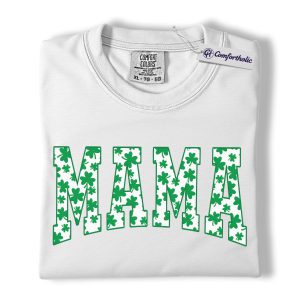 Alternative view of Shamrock Mama Shirt, MAMA St Patrick’s Day Varsity Graphic Tee, Irish Mom T-Shirt, St Patrick’s Day Gift for Mom, Comfort Colors Shirt
