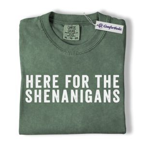 St Patrick’s Day Shenanigans Shirt, Here For The Shenanigans Quote Graphic Tee, Funny Irish Party T-Shirt for Men & Women, St Patrick’s Day Gift, Comfort Colors Shirt