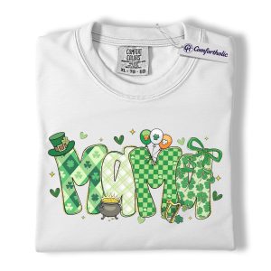 St Patrick’s Day Mama Shirt, Shamrock Pot of Gold MAMA Letter Graphic Tee, Irish Mom T-Shirt, Lucky St Patrick’s Day Gift for Moms, Comfort Colors Shirt