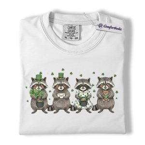 Alternative view of St Patrick's Day Raccoon Shirt, Cute Raccoon Shamrock Pot of Gold Graphic Tee, Irish Holiday T-Shirt, St Paddy's Day Gift for Raccoon Lovers, Comfort Colors Shirt