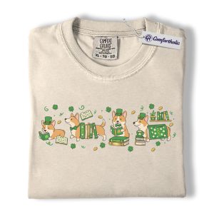 St Patrick's Day Corgi Shirt, Lucky Corgi Reading Books Shamrock Graphic Tee, Irish Holiday T-Shirt for Corgi Moms, St Paddy's Day Gift, Comfort Colors Shirt