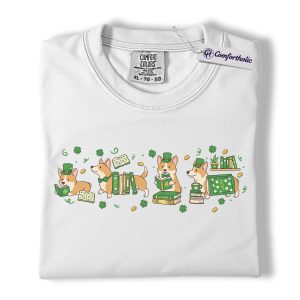 Alternative view of St Patrick's Day Corgi Shirt, Lucky Corgi Reading Books Shamrock Graphic Tee, Irish Holiday T-Shirt for Corgi Moms, St Paddy's Day Gift, Comfort Colors Shirt