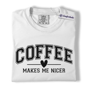Alternative view of Coffee Lover Shirt, Coffee Makes Me Nicer Varsity Graphic Tee, Caffeine Addict T-Shirt for Women, Cute Gift for Barista, Comfort Colors Shirt