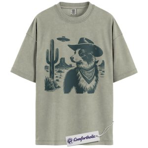 Border Collie Shirt, Cowboy Border Collie UFO Western Desert Graphic Tee, Dog Mom & Dad T-Shirt, Funny Gift for Border Collie Lovers, Comfort Colors Shirt
