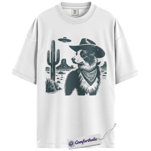 Alternative view of Border Collie Shirt, Cowboy Border Collie UFO Western Desert Graphic Tee, Dog Mom & Dad T-Shirt, Funny Gift for Border Collie Lovers, Comfort Colors Shirt