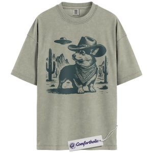 Corgi Shirt, Cowboy Corgi UFO Western Desert Graphic Tee, Dog Mom T-Shirt, Funny Gift for Corgi Lovers, Comfort Colors Shirt