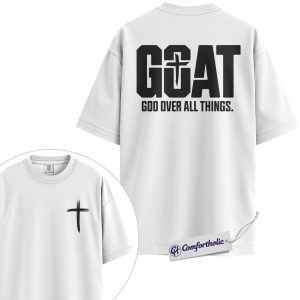 Alternative view of GOAT Christian Shirt, Bold Cross Back Print Graphic Tee, God Over All Things T-Shirt, Gift for Christian Men & Women, Comfort Colors Shirt 2-Sided