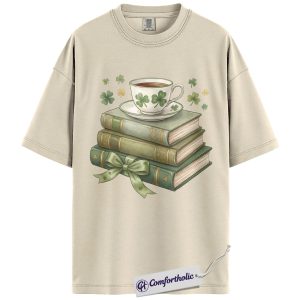 St Patricks Day Book Shirt, Vintage Shamrock Coffee Graphic Tee, Irish Reading Aesthetic T-Shirt, Cute Gift for Book Lovers, Comfort Colors Shirt