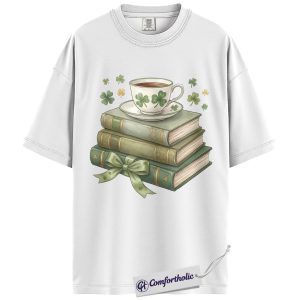 Alternative view of St Patricks Day Book Shirt, Vintage Shamrock Coffee Graphic Tee, Irish Reading Aesthetic T-Shirt, Cute Gift for Book Lovers, Comfort Colors Shirt
