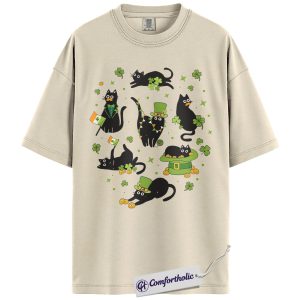 St Patrick’s Day Cat Shirt, Cute Shamrock Black Cat Graphic Tee, Irish Lucky Cat Mom T-Shirt, Funny St Paddy’s Gift for Pet Lovers, Comfort Colors Shirt