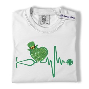 Alternative view of St Patrick’s Day Nurse Shirt, Shamrock Stethoscope Heartbeat Graphic Tee, Lucky Nurse RN LPN CNA T-Shirt, St Paddy’s Day Gift for Nurses, Comfort Colors Shirt