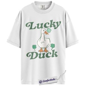 Alternative view of St Patrick’s Day Lucky Duck Shirt, Vintage Shamrock Farm Animal Graphic Tee, Funny Duck T-Shirt, St Paddy’s Day Gift for Duck Lovers, Comfort Colors Shirt