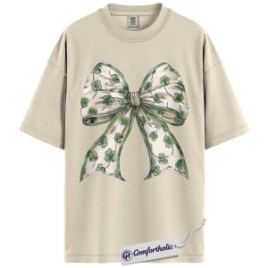 St Patrick's Day Bow Shirt, Shamrock Coquette Ribbon Graphic Tee, Lucky Irish Clover T-Shirt, St Paddy's Day Gift for Women Girls & Friends, Comfort Colors Shirt