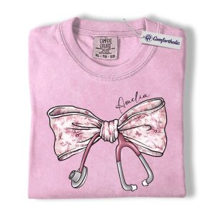 Personalized Nurse Bow Shirt, Cute Stethoscope Graphic Tee, Custom Name RN LPN CNA T-Shirt, Gift for Nurses, Comfort Colors Shirt