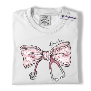 Alternative view of Personalized Nurse Bow Shirt, Cute Stethoscope Graphic Tee, Custom Name RN LPN CNA T-Shirt, Gift for Nurses, Comfort Colors Shirt
