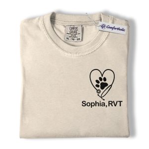 Personalized Vet Tech Shirt, Custom Name Paw Heart Stethoscope Graphic Tee, RVT Veterinary Technician T-Shirt, Gift for Animal Clinic Staff & Pet Lovers, Comfort Colors Shirt