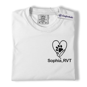 Alternative view of Personalized Vet Tech Shirt, Custom Name Paw Heart Stethoscope Graphic Tee, RVT Veterinary Technician T-Shirt, Gift for Animal Clinic Staff & Pet Lovers, Comfort Colors Shirt